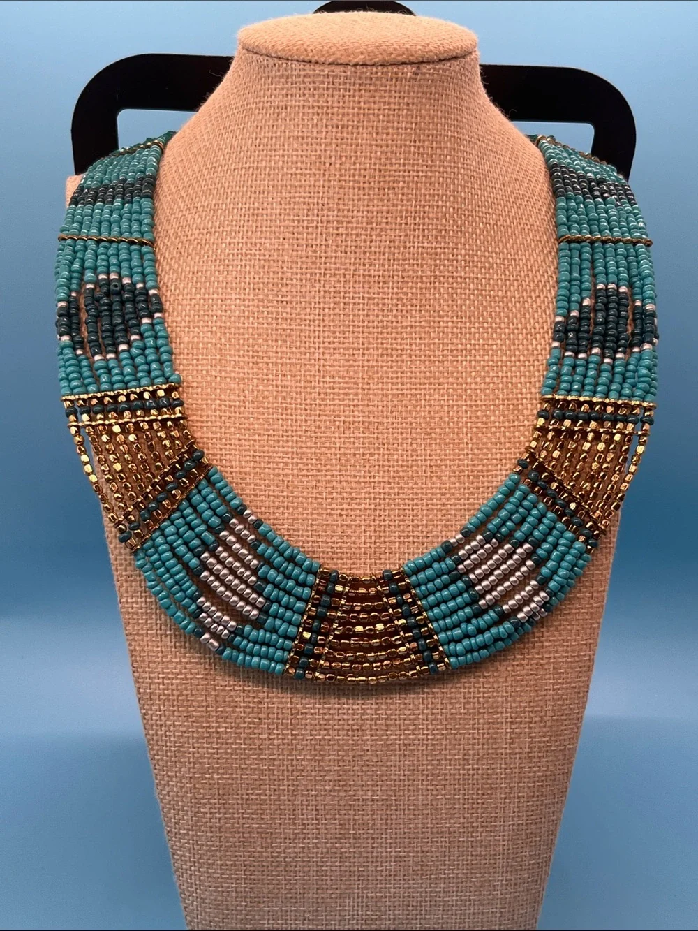 #0149 Lane Bryant Turquoise Beaded Collar Necklace with Gold & Gray Accents